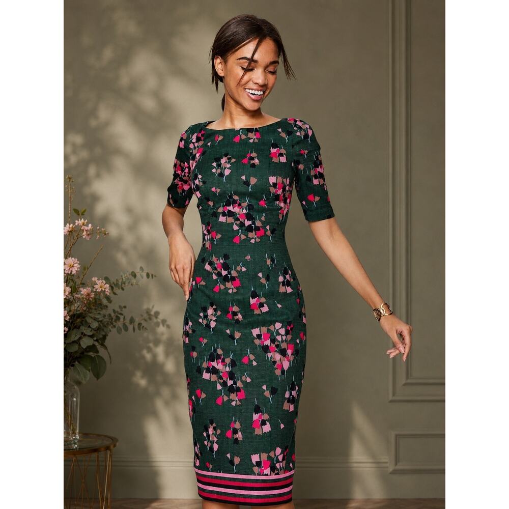 Boden Green Pink Floral Tulip Career Shift Dress Textured Cotton US 6R Romantic - Picture 3 of 13